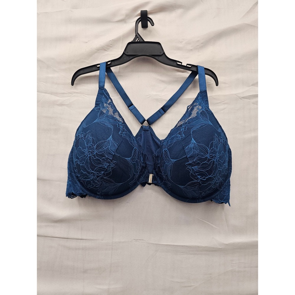 Auden Womens Lace Front Close Push Up Plunge Bra Blue Nylon Blend Size 46DDD